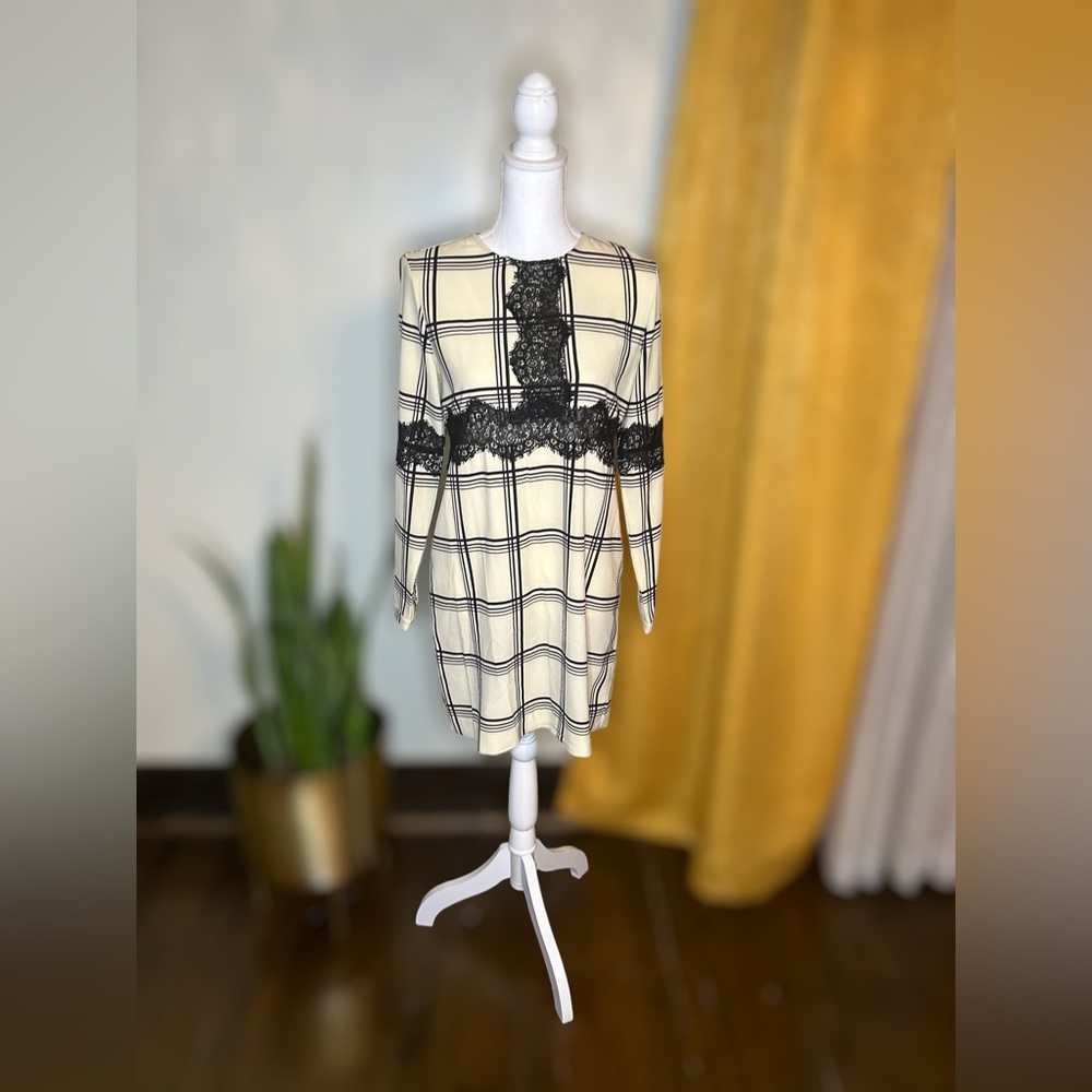 WAYF Cream & Black Checked Dress with Lace Detailing Sz. Medium‎